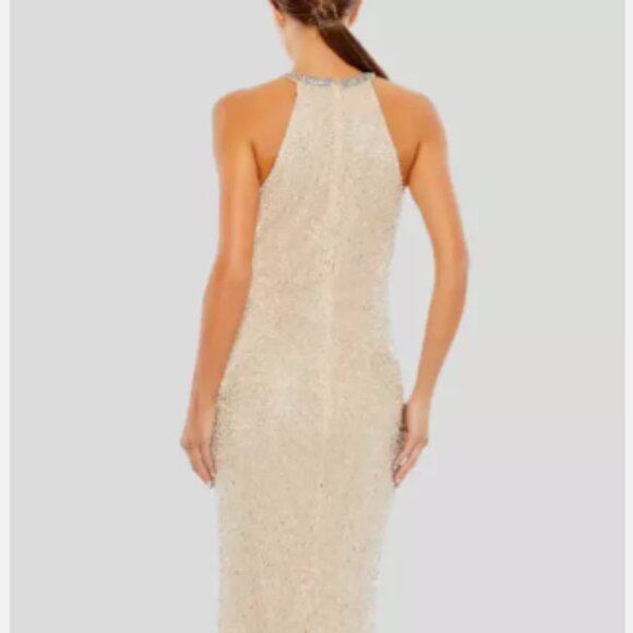 MAC DUGGAL 93742 BEADED HIGH NECK COLUMN NUDE SILVER GOWN sz 6 - Picture 4 of 6